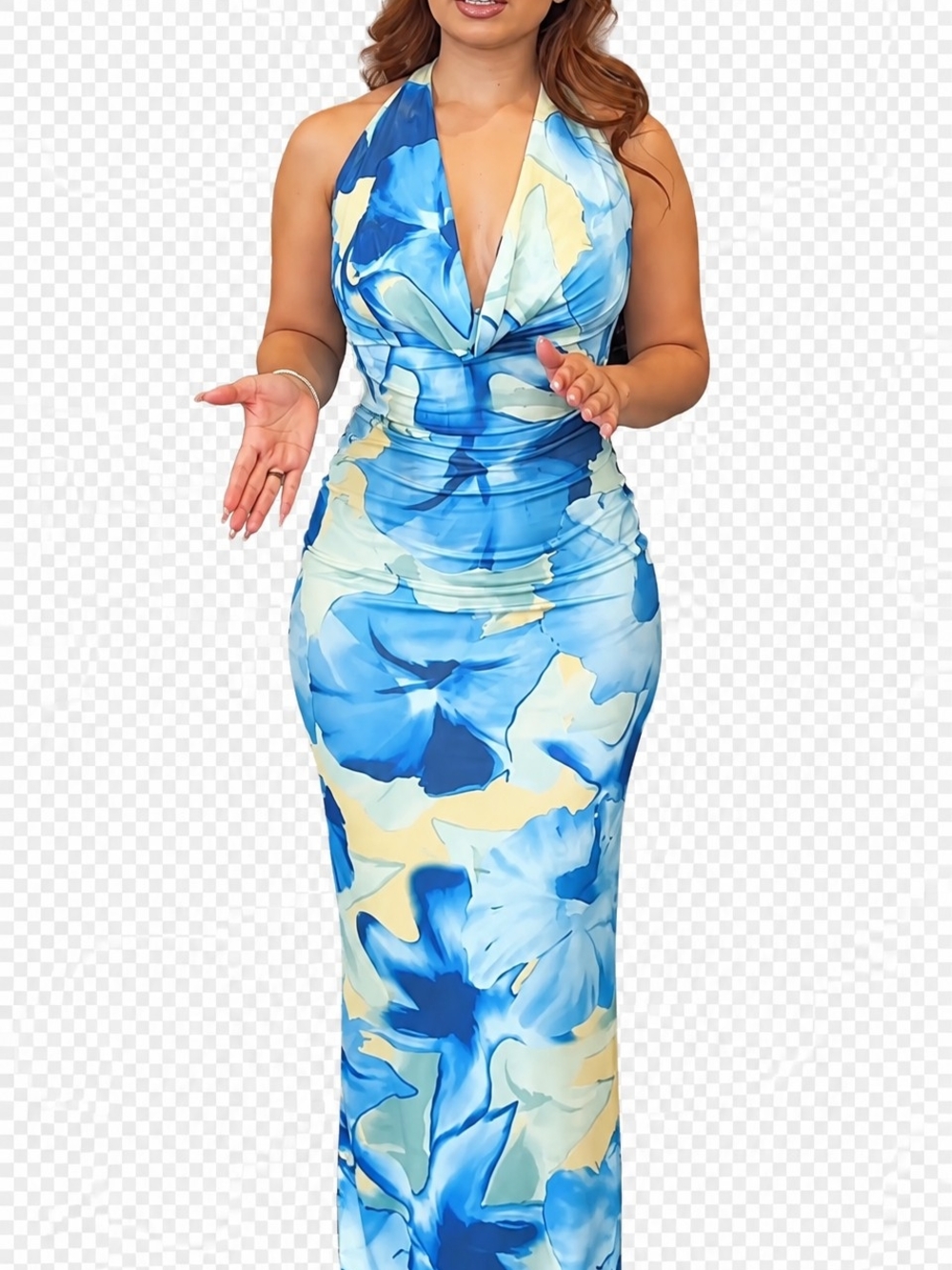 Open-Back Blue Floral Halter Maxi Dress